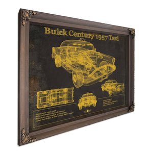 1957 Buick Century Taxi Blueprint Dark Art Print in a Bourbon stained wood frame with antique gold corners