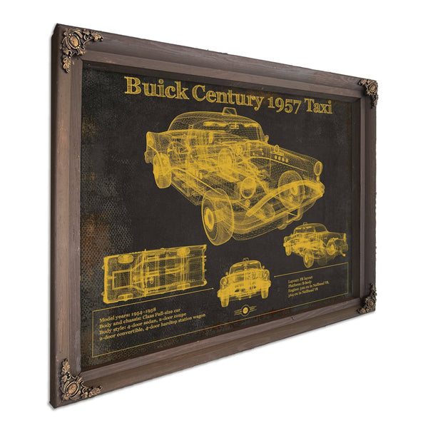 1957 Buick Century Taxi Blueprint Dark Art Print in a Bourbon stained wood frame with antique gold corners