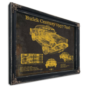 1957 Buick Century Taxi Blueprint Dark Art Print in a distressed Vintage Black wood frame with ornate corners