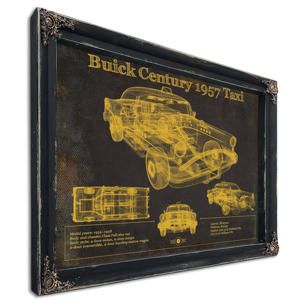 1957 Buick Century Taxi Blueprint Dark Art Print in a distressed Vintage Black wood frame with ornate corners