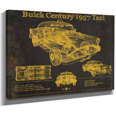 1957 Buick Century Taxi Blueprint Dark Art Print as a stretched canvas wrap with gallery wrapped edges