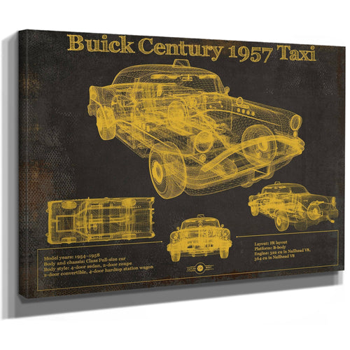 1957 Buick Century Taxi Blueprint Dark Art Print as a stretched canvas wrap with gallery wrapped edges