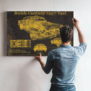 1957 Buick Century Taxi Blueprint Dark Art Print framed in Vintage Black above a mid-century record console
