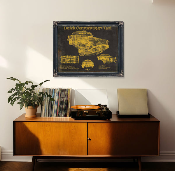 1957 Buick Century Taxi Blueprint Dark Art Print framed in Vintage Black in a loft bedroom