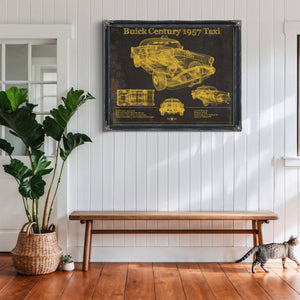 1957 Buick Century Taxi Blueprint Dark Art Print framed in Vintage Black above a rustic console table