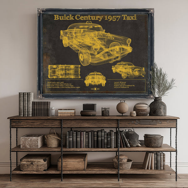 1957 Buick Century Taxi Blueprint Dark Art Print canvas print size guide 24x18 36x24 48x36 inches