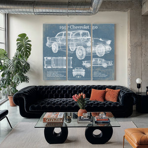 1957 Buick Century Taxi Blueprint Dark Art Print as a 3 panel canvas wrap in a modern living room