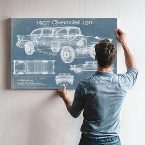 1957 Buick Century Taxi Blueprint Dark Art Print framed in Vintage Black above a mid-century record console