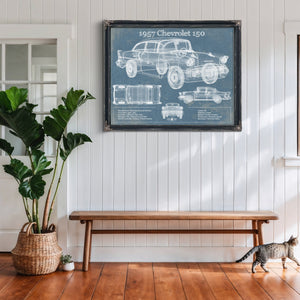 1957 Buick Century Taxi Blueprint Dark Art Print framed in Vintage Black above a rustic console table