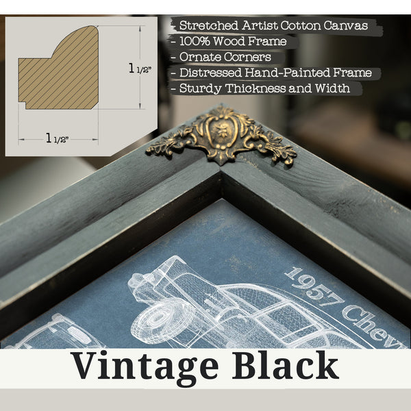 Vintage Black frame corner detail, 1.5 inch ornate wood moulding, 1957 Buick Century Taxi Blueprint Dark Art Print