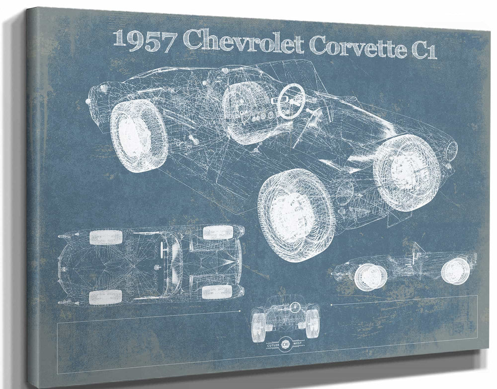 14" x 11" / Stretched Canvas Wrap Cutler West 1957 Chevrolet Corvette C1 Vintage Blueprint Auto Print