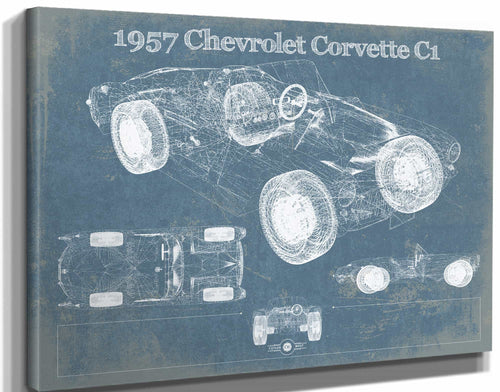 14" x 11" / Stretched Canvas Wrap Cutler West 1957 Chevrolet Corvette C1 Vintage Blueprint Auto Print