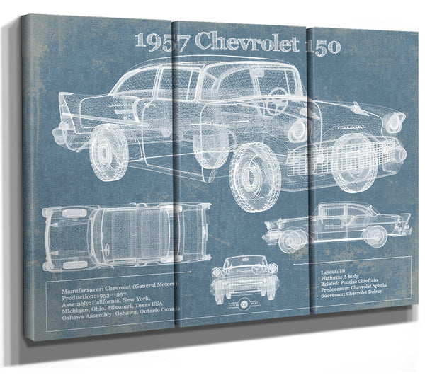 36" x 24" / 3 Panel Canvas Wrap Cutler West 1957 Chevrolet One-Fifty (or 150) 4-Door Sedan Blueprint Vintage Auto Print