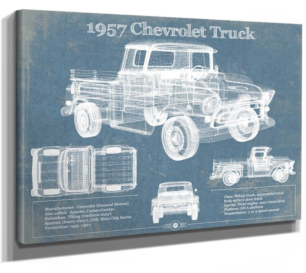14" x 11" / Stretched Canvas Wrap Cutler West 1957 Chevrolet Truck Vintage Blueprint Auto Print
