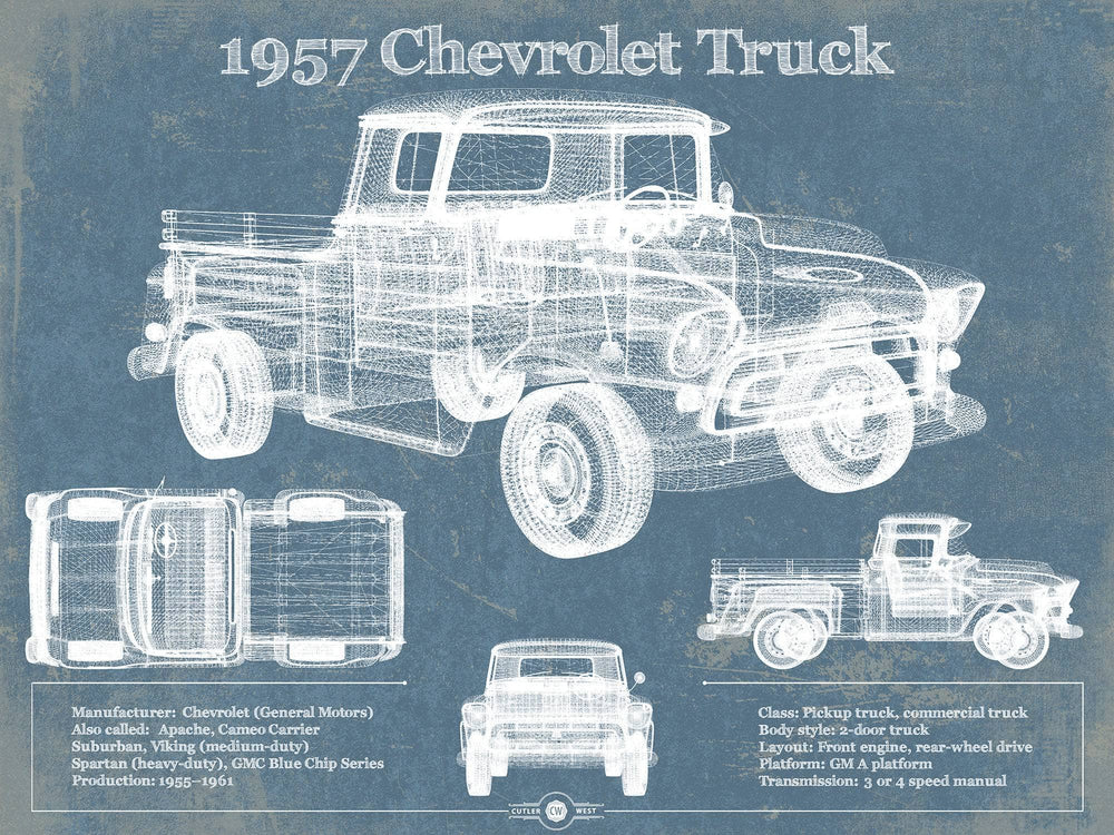 14" x 11" / Stretched Canvas Wrap Cutler West 1957 Chevrolet Truck Vintage Blueprint Auto Print