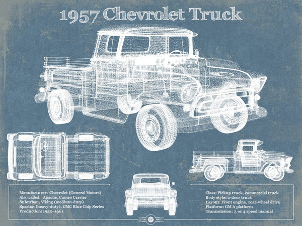 14" x 11" / Unframed Cutler West 1957 Chevrolet Truck Vintage Blueprint Auto Print