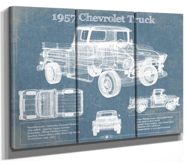 36" x 24" / 3 Panel Canvas Wrap Cutler West 1957 Chevrolet Truck Vintage Blueprint Auto Print