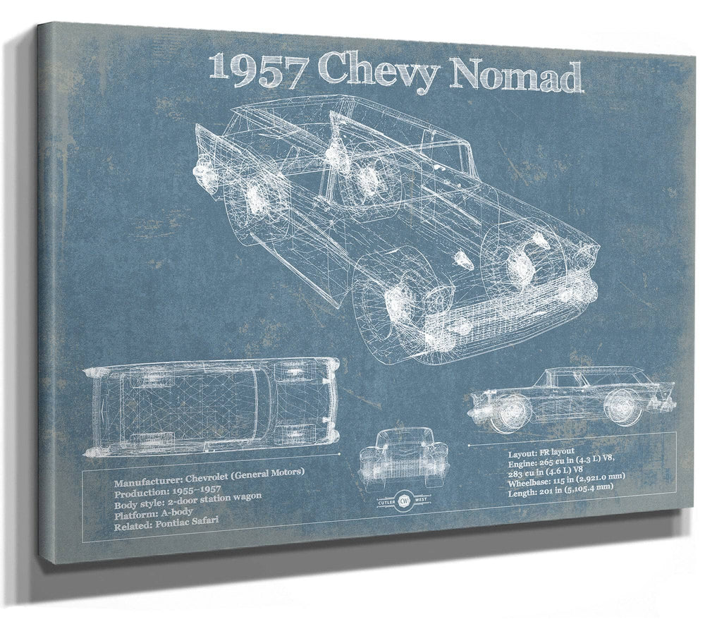 14" x 11" / Stretched Canvas Wrap Cutler West 1957 Chevy Nomad Vintage Blueprint Auto Print