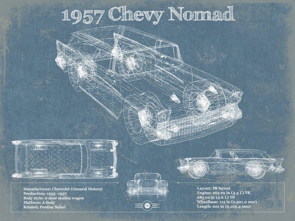 14" x 11" / Stretched Canvas Wrap Cutler West 1957 Chevy Nomad Vintage Blueprint Auto Print