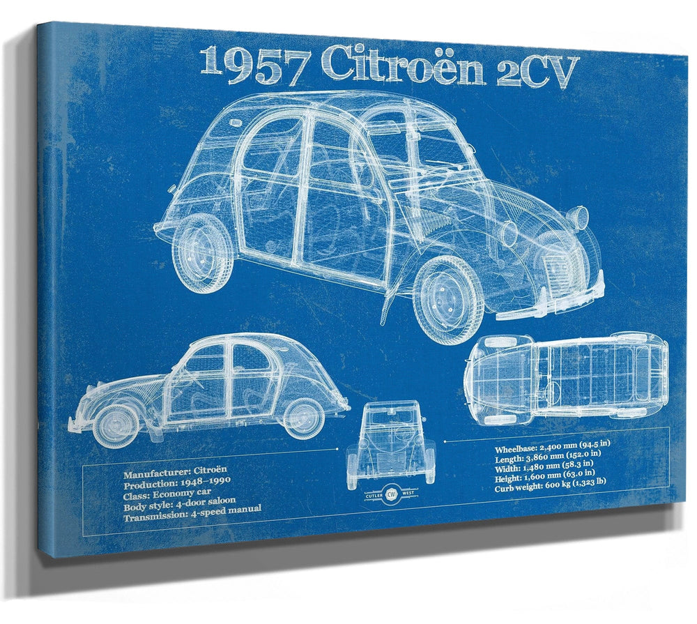 14" x 11" / Stretched Canvas Wrap Cutler West 1957 Citroen 2Cv Vintage Blueprint Auto Print