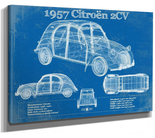 14" x 11" / Stretched Canvas Wrap Cutler West 1957 Citroen 2Cv Vintage Blueprint Auto Print