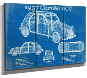 36" x 24" / 3 Panel Canvas Wrap Cutler West 1957 Citroen 2Cv Vintage Blueprint Auto Print