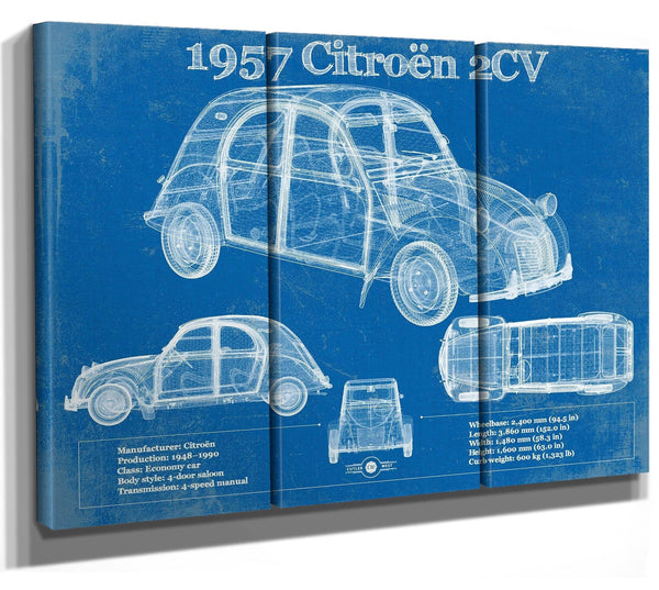 36" x 24" / 3 Panel Canvas Wrap Cutler West 1957 Citroen 2Cv Vintage Blueprint Auto Print