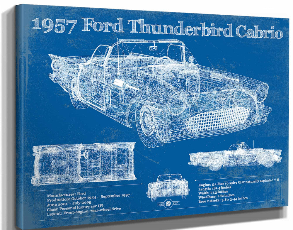 14" x 11" / Stretched Canvas Wrap Cutler West 1957 Ford Thunderbird Cabrio Blueprint Vintage Auto Print