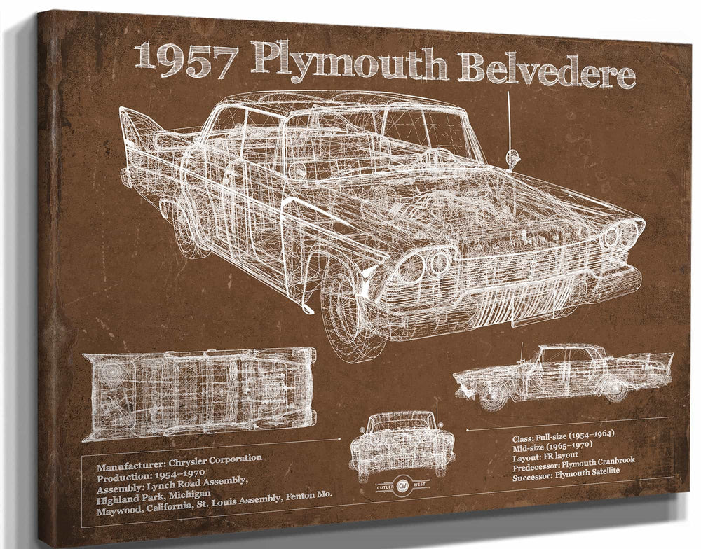 14" x 11" / Stretched Canvas Wrap Cutler West 1957 Plymouth Belvedere Vintage Blueprint Auto Print