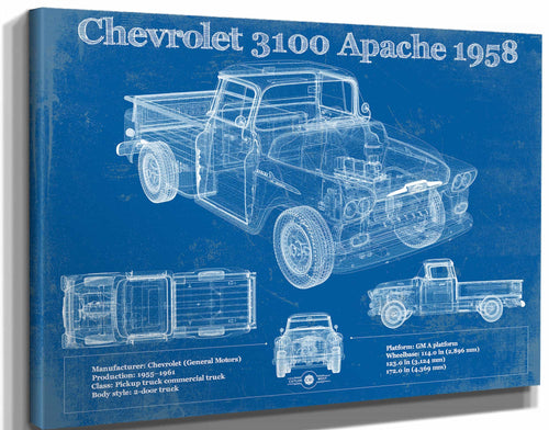 14" x 11" / Stretched Canvas Wrap Cutler West 1958 Chevrolet 3100 Apache Panel Van Vintage Blueprint Auto Print
