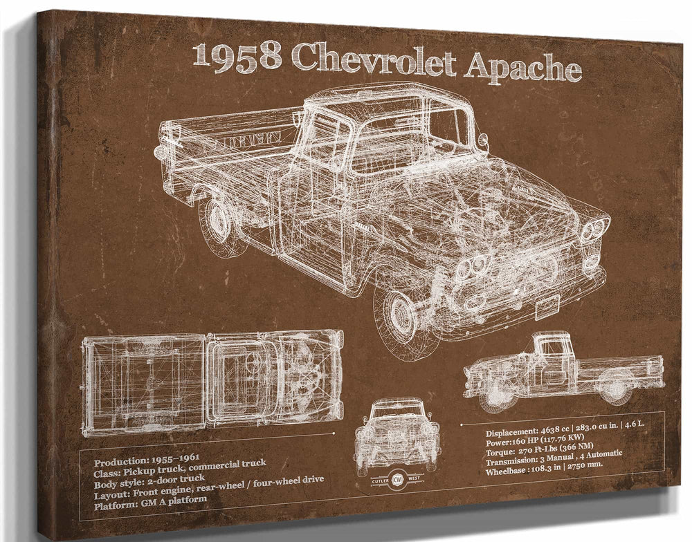 14" x 11" / Stretched Canvas Wrap Cutler West 1958 Chevrolet Apache Vintage Blueprint Auto Print