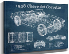 14" x 11" / Stretched Canvas Wrap Cutler West 1958 Chevrolet Corvette C1 Blueprint Vintage Auto Print