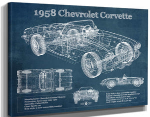 14" x 11" / Stretched Canvas Wrap Cutler West 1958 Chevrolet Corvette C1 Blueprint Vintage Auto Print