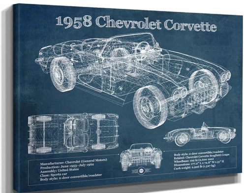 14" x 11" / Stretched Canvas Wrap Cutler West 1958 Chevrolet Corvette C1 Blueprint Vintage Auto Print