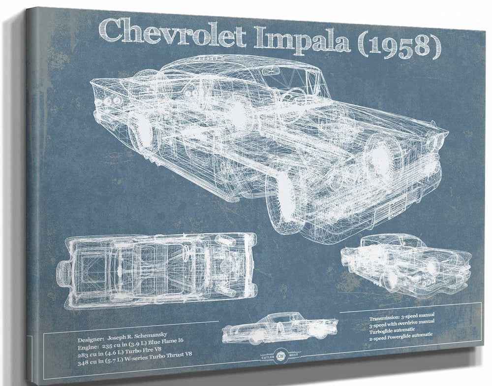 14" x 11" / Stretched Canvas Wrap Cutler West 1958 Chevrolet Impala Blueprint Vintage Auto Print