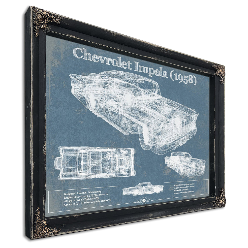 1958 Chevrolet Impala Blueprint Art Print in a distressed Vintage Black wood frame with ornate corners