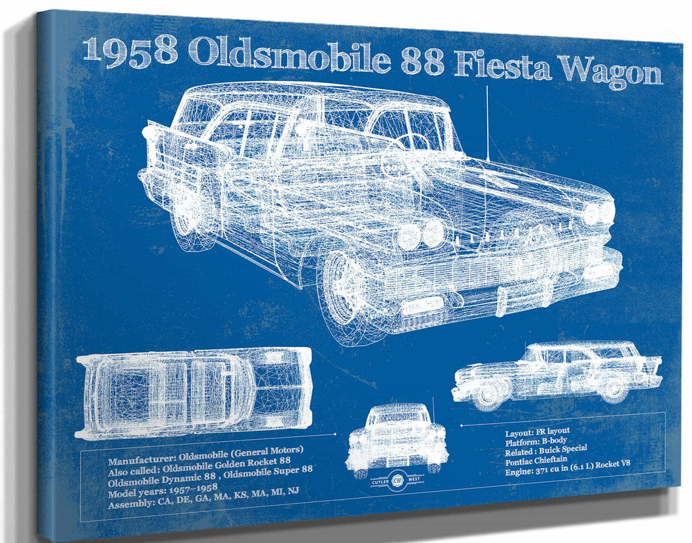 14" x 11" / Stretched Canvas Wrap Cutler West 1958 Oldsmobile 88 Fiesta Wagon Vintage Blueprint Auto Print