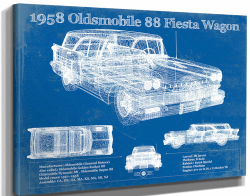 14" x 11" / Stretched Canvas Wrap Cutler West 1958 Oldsmobile 88 Fiesta Wagon Vintage Blueprint Auto Print