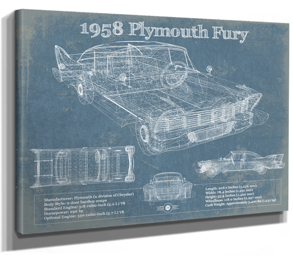 14" x 11" / Stretched Canvas Wrap Cutler West 1958 Plymouth Fury Vintage Blueprint Auto Print