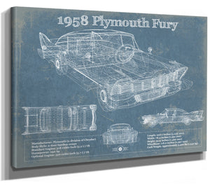 14" x 11" / Stretched Canvas Wrap Cutler West 1958 Plymouth Fury Vintage Blueprint Auto Print