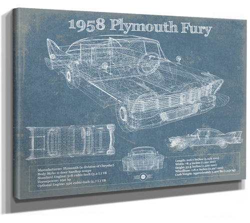 14" x 11" / Stretched Canvas Wrap Cutler West 1958 Plymouth Fury Vintage Blueprint Auto Print