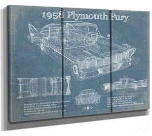36" x 24" / 3 Panel Canvas Wrap Cutler West 1958 Plymouth Fury Vintage Blueprint Auto Print