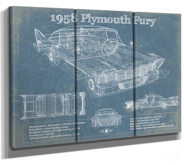 36" x 24" / 3 Panel Canvas Wrap Cutler West 1958 Plymouth Fury Vintage Blueprint Auto Print
