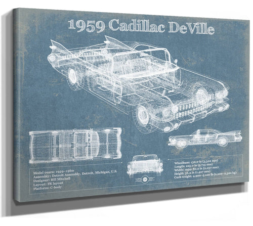 14" x 11" / Stretched Canvas Wrap Cutler West 1959 Cadillac Coupe de Ville Blueprint Vintage Auto Print