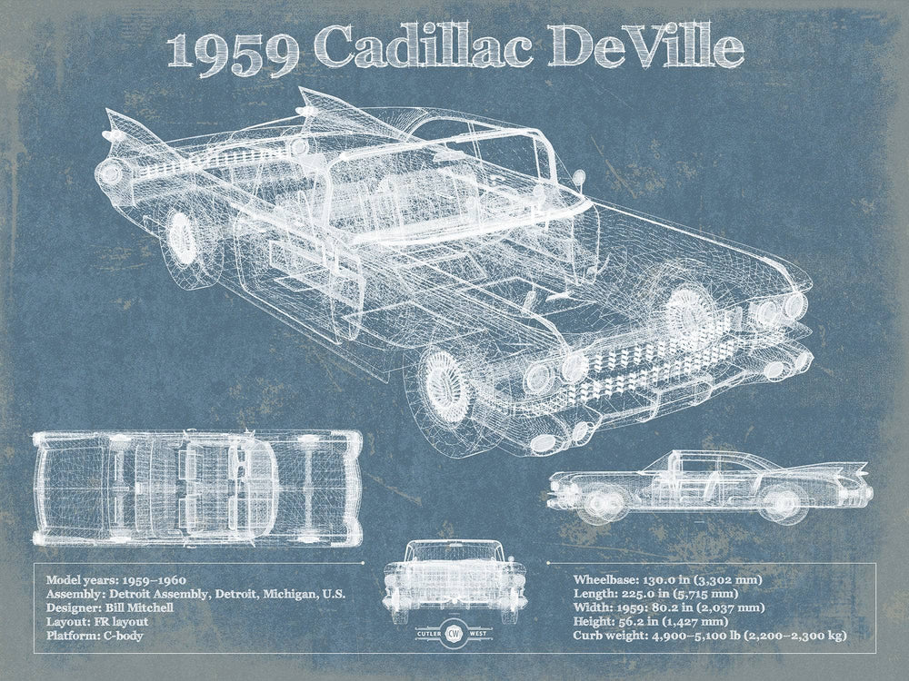 14" x 11" / Stretched Canvas Wrap Cutler West 1959 Cadillac Coupe de Ville Blueprint Vintage Auto Print