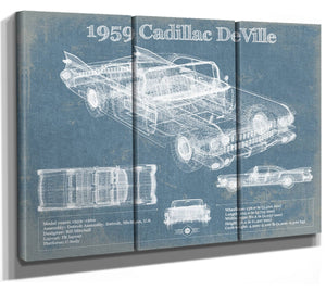 36" x 24" / 3 Panel Canvas Wrap Cutler West 1959 Cadillac Coupe de Ville Blueprint Vintage Auto Print