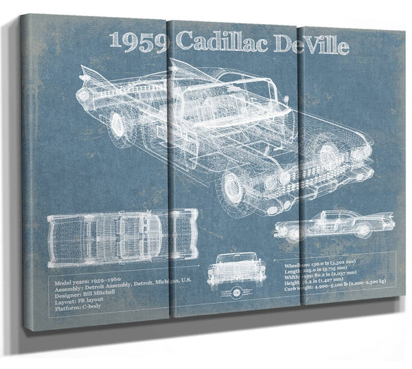 36" x 24" / 3 Panel Canvas Wrap Cutler West 1959 Cadillac Coupe de Ville Blueprint Vintage Auto Print