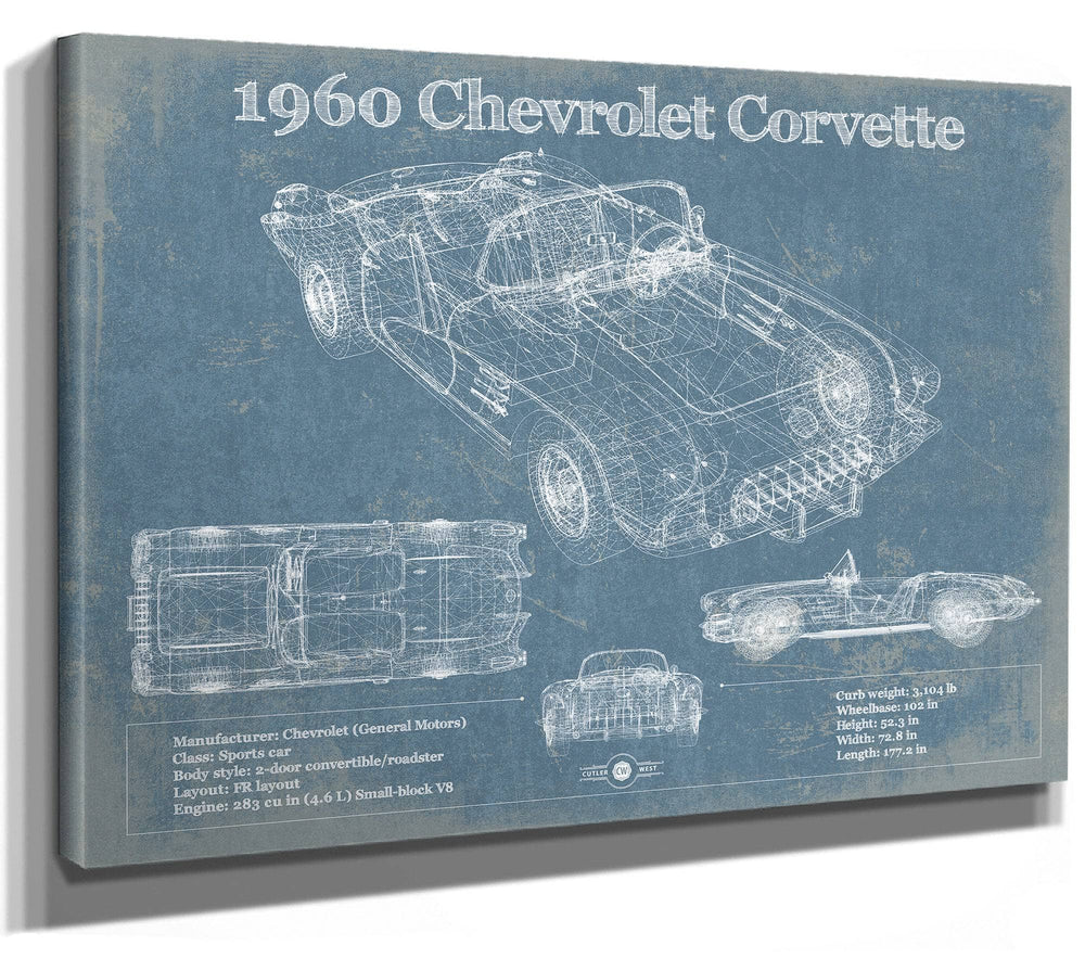 14" x 11" / Stretched Canvas Wrap Cutler West 1960 Chevrolet Corvette C1 Blueprint Vintage Auto Print