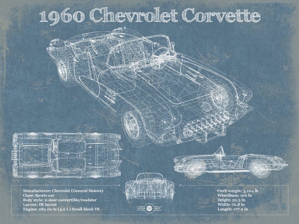 14" x 11" / Stretched Canvas Wrap Cutler West 1960 Chevrolet Corvette C1 Blueprint Vintage Auto Print