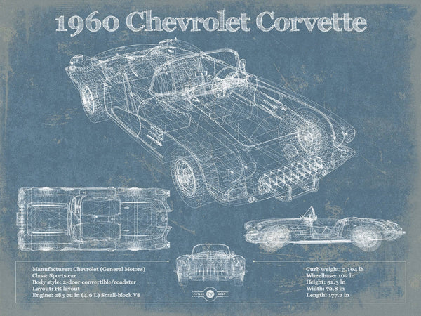 14" x 11" / Unframed Cutler West 1960 Chevrolet Corvette C1 Blueprint Vintage Auto Print